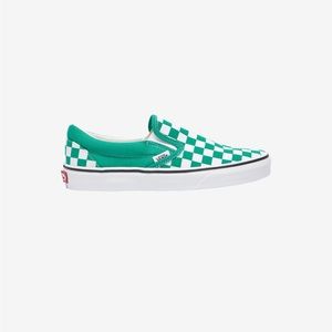 Green and white checkered slip on vans